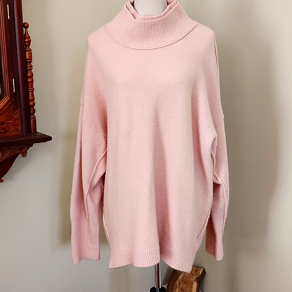 Free People Wool Mix Pink Double Collar Turtleneck Sweater, L. - Picture 1 of 10